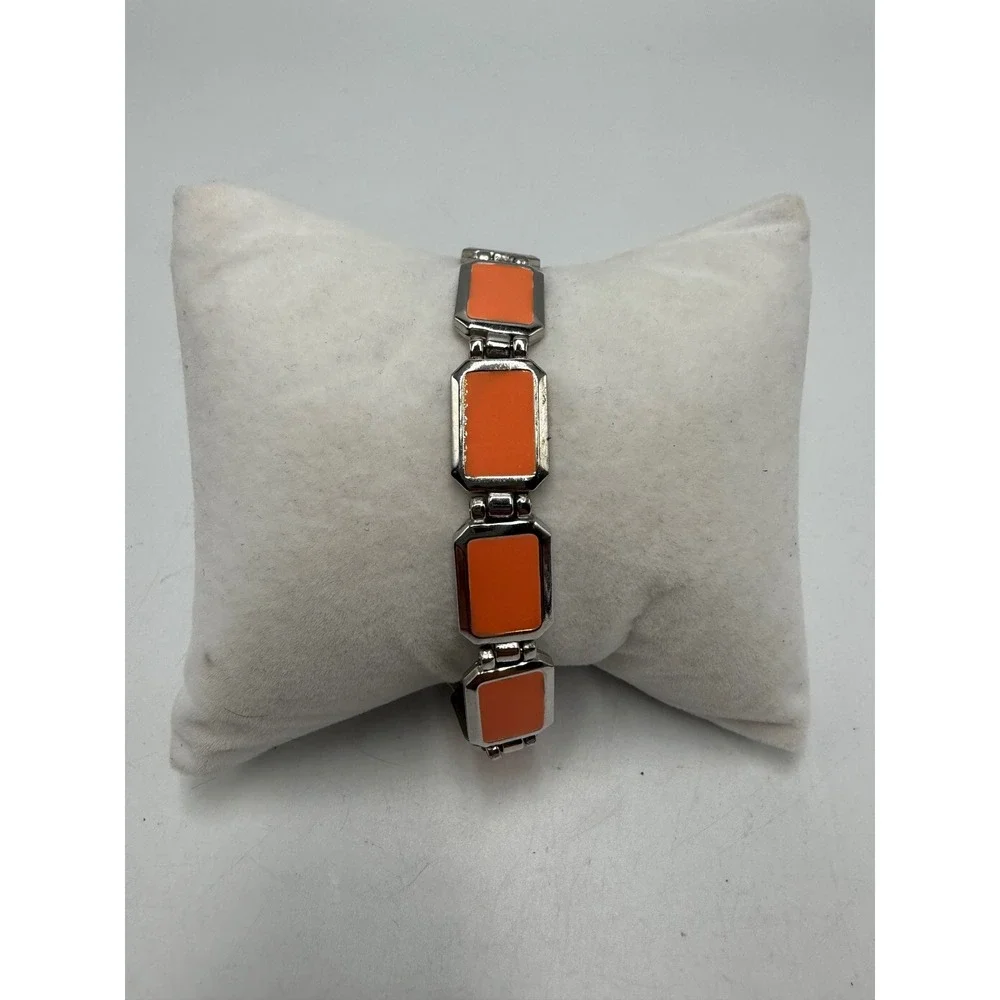 Vintage Orange Enamel Silver Tone Rectangular Link Bracelet Retro Geometric